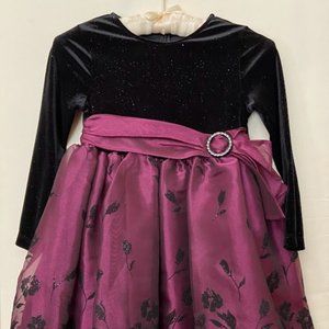 Bonnie Jean - Black and Magenta Long Sleeve Dress w/ Embroidered Flowers